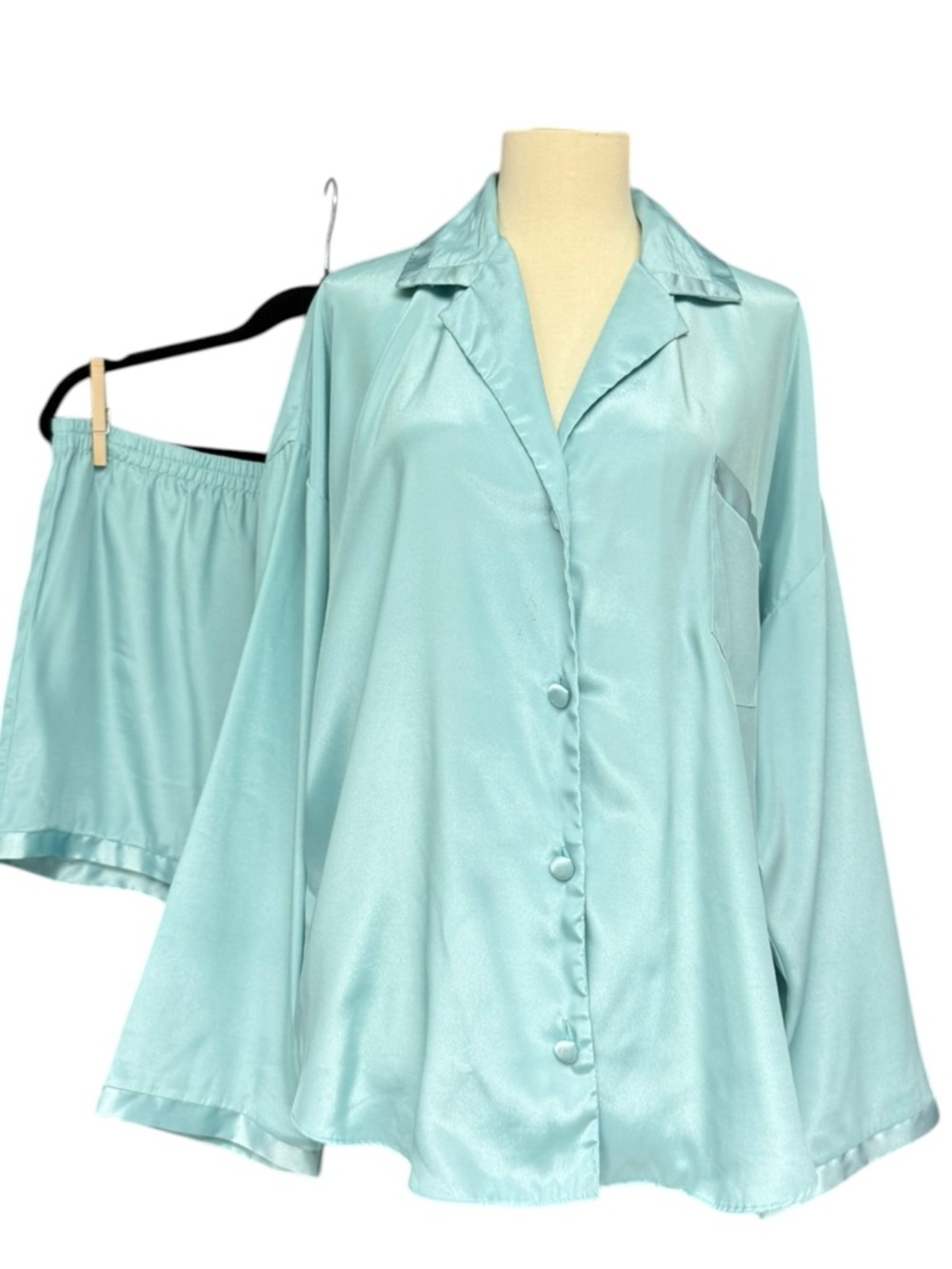 Victoria’s Secret Aqua Satin Pajama Set Button Top Shorts Medium